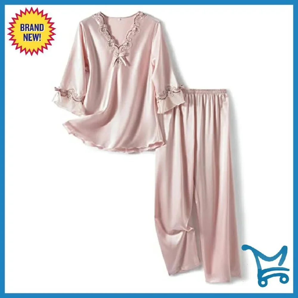 Women's Satin Pajama Set 3/4 Sleeve V-Neck Ruffle Sleepwear